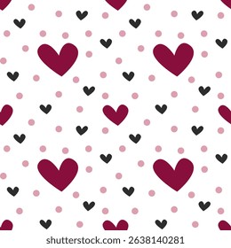 Seamless heart pattern featuring large maroon hearts, smaller black hearts, and pink dots on a transparent background, perfect for romantic, decorative, and textile designs.