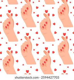 Seamless heart pattern, female hands showing the heart symbol with fingers. Korean gesture of a finger heart. Heart finger symbol, for love and affection. Vector.
