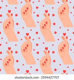 Seamless heart pattern, female hands showing the heart symbol with fingers. Korean gesture of a finger heart. Heart finger symbol, for love and affection. Vector.