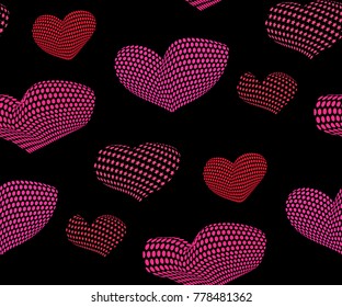 Seamless heart pattern filled with stars and circles on a black ackground. Vector illustration