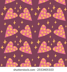 Seamless heart pattern with floral accents on purple background.