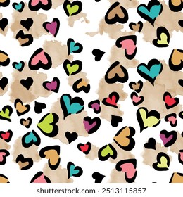 Seamless heart pattern with hand drawn art wild african animal leopard skin background elements in pink, blue, brown, green and black color