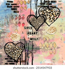 Seamless heart pattern with hand drawn art lettering, calligraphy and wild african animal leopard skin background elements in pink, blue, brown and black colors