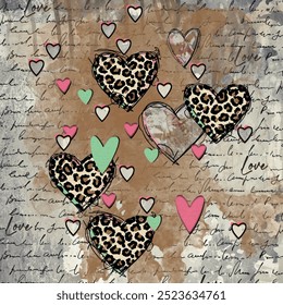 Seamless heart pattern with hand drawn art calligraphy and leopard skin background elements in brown, pink and black colors
