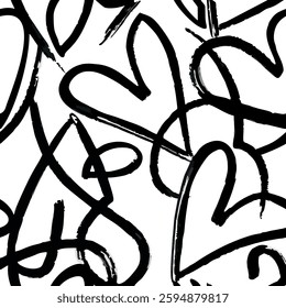 Seamless heart pattern with hand drawn art abstract romantic graffiti brush line background elements isolated in black and white colors