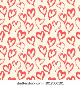 Seamless heart pattern hand painted with ink brush. Graphic design element. Scrapbooking, Valentine's Day card, wallpaper, baby shower, wedding invitation. Vintage style tileable vector illustration