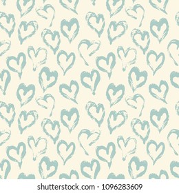 Seamless heart pattern hand painted with ink brush. Vintage style tileable vector illustration
