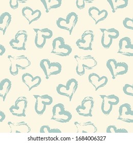Seamless heart pattern hand painted with ink brush. Vintage style tileable vector illustration