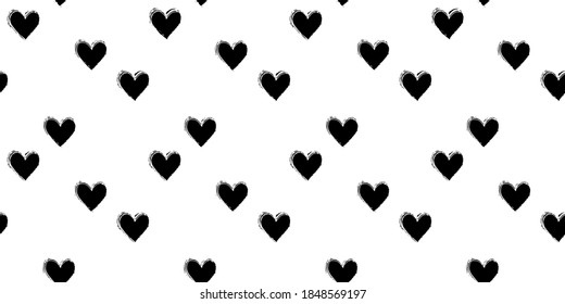 Seamless heart pattern hand painted with ink brush. Vintage style tileable vector illustration