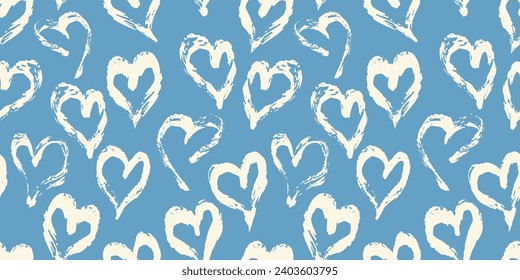 Seamless heart pattern hand painted with ink brush. Vintage style tileable vector illustration