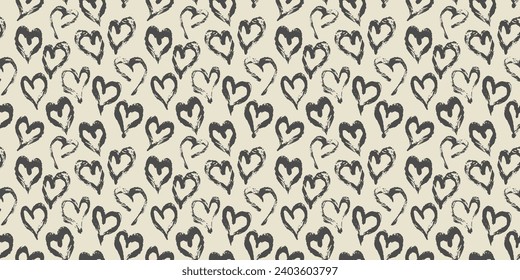 Seamless heart pattern hand painted with ink brush. Graphic design element. Scrapbooking, Valentine's Day card, wallpaper, baby shower, wedding invitation. Vintage style tileable vector illustration