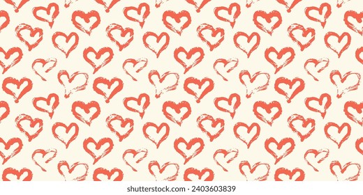 Seamless heart pattern hand painted ink brush. Graphic design element. Scrapbooking, baby room wallpaper, web site backdrop, baby shower, wedding invitation. Vintage style tileable vector illustration