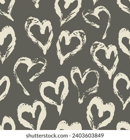 Seamless heart pattern hand painted with ink brush. Graphic design element. Scrapbooking, Valentine's Day card, wallpaper, baby shower, wedding invitation. Vintage style tileable vector illustration