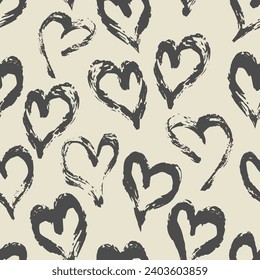 Seamless heart pattern hand painted with ink brush. Graphic design element. Scrapbooking, Valentine's Day card, wallpaper, baby shower, wedding invitation. Vintage style tileable vector illustration