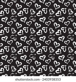 Seamless heart pattern hand painted with ink brush. Graphic design element. Scrapbooking, Valentine's Day card, wallpaper, baby shower, wedding invitation. Vintage style tileable vector illustration