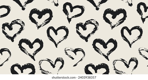 Seamless heart pattern hand painted with ink brush. GVector illustration