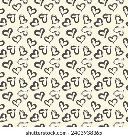 Seamless heart pattern hand painted with ink brush. Graphic design element. Scrapbooking, Valentine's Day card, wallpaper, baby shower, wedding invitation. Vintage style tileable vector illustration