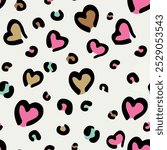 Seamless heart pattern with isolated abstract wild african animal leopard skin background elements in pink, green, brown and black color