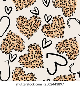 Seamless heart pattern with isolated abstract hand drawn wild african animal leopard skin background elements in brown and black colors