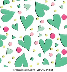 Seamless heart pattern with isolated abstract hand drawn art round circle background elements in green pink and yellow colors