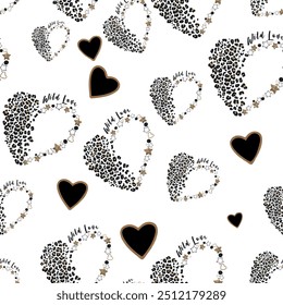 Seamless heart pattern with isolated abstract text and wild african animal leopard skin background elements in brown and black colors