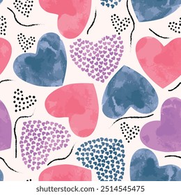Patrón de corazón sin fisuras con Elementos de fondo de pincel de arte abstracto dibujado a mano aislado en colores rosa, azul y púrpura