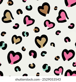 Seamless heart pattern with isolated abstract wild african animal leopard skin background elements in pink, green, brown and black color