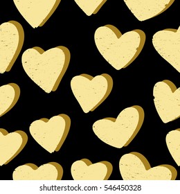 Seamless heart pattern isolated on black background. Golden hearts for greeting card, Valentines day brochure or flyer . Vector illustration.