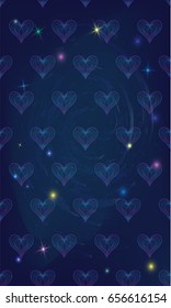 Seamless heart pattern on shiny mystic galaxy background with colorful glowing stars from the deep cosmic night space, love heart background. Great for print on textile, fabric or gift wrapping paper.