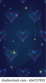 Seamless heart pattern on shiny mystic galaxy background with colorful glowing stars from the deep cosmic night space, mystic love background. Great for print on fabric, textile or gift wrapping paper