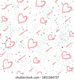 Seamless Heart Pattern on white background with dots. Hand Drawn Design. Great for wall art design, gift paper, wrapping, fabric, textile, etc.

