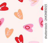 Seamless Heart pattern with pastel coloring letters in cartoon style. Cute trendy design. Vector funky illustration. Seamless crayon lettering. LOVE written pattern.