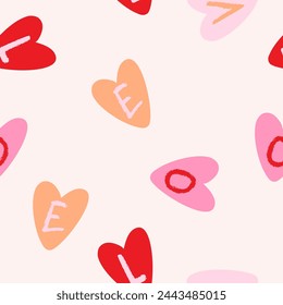 Seamless Heart pattern with pastel coloring letters in cartoon style. Cute trendy design. Vector funky illustration. Seamless crayon lettering. LOVE written pattern.