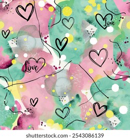 Seamless heart pattern with pink, green, yellow, black and white color hand drawn art abstract line, brush and round circle background elements