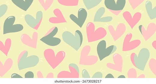 Patrón de corazón sin fisuras en colores rosa, verde y pastel sobre un fondo amarillo suave, perfecto para temas de diseño románticos y lindos.
