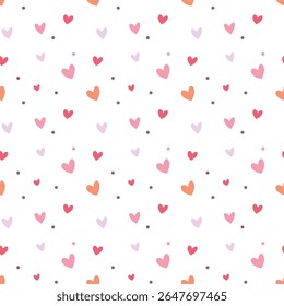 Seamless heart pattern with pink, red, and orange elements on white background. Cute and romantic design for Valentine s Day and kids projects. Ideal for wrapping, cards, and fabric.