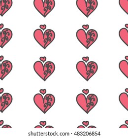 Seamless heart pattern with pink swirls on white background. For printing on the package, bag, cup, notebook, furniture, textiles, etc. Vector.