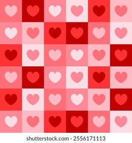 A seamless heart pattern with a romantic pink and red design perfect for Valentine’s Day. Checkered pattern.