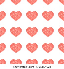 Seamless heart pattern scribble style. Coral hearts on white background. Horizontal layout. Graphic heart pattern for Valentine's Day, wedding, invitation, textile, ceramic tiles, wallpapers.