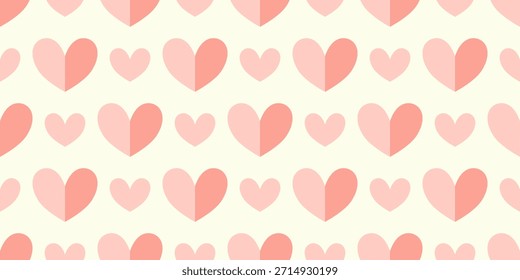 Patrón de corazón sin costuras en tonos suaves de color rosa pastel. Ilustración vectorial plana adecuada para diseños románticos, decoración infantil, impresiones de tela y fondos decorativos.