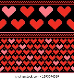 Seamless heart pattern. Valentine pattern. Red pixel heart pattern.
