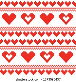 Seamless heart pattern. Valentine pattern. Red pixel heart pattern.
