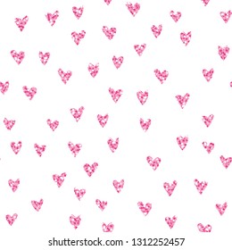 Seamless heart pattern. Valentine and wedding hand-drawn style pink and silver background for cards, invitations, wrapping paper, textile. Pink and white ornament. Shining silver confetti hearts