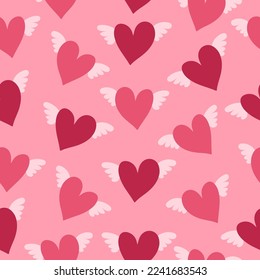 Seamless heart pattern for Valentines Day. Cute hearts with wings.