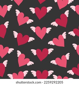 Seamless heart pattern for Valentines Day. Cute hearts with wings.