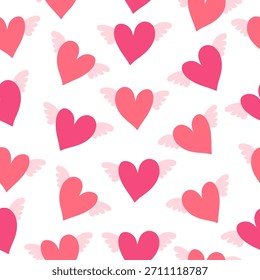 Seamless heart pattern for Valentines Day. Cute hearts with wings.