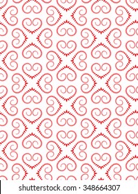 Seamless heart pattern. Vintage swirl, twist texture. Stylized ornament of laurel leaves. Red figures on white background. Love, birthday, Valentine day theme. Vector