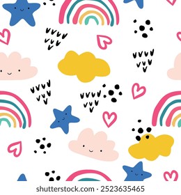 Seamless heart pattern with yellow, pink, blue and black color hand drawn art brush drawing, cloud, star and rainbow background elements. Kids pattern wallpaper