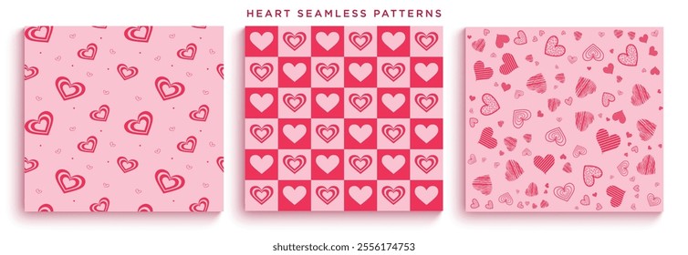 Seamless heart patterns clipart set. Hearts shapes outline and sketch continuous pattern clip art for valentine's day, wedding and anniversary background. Vector illustration love wallpaper collection