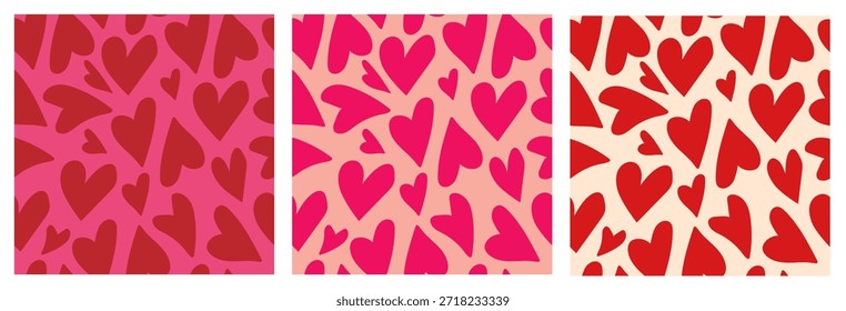 Conjunto de patrones de corazón sin fisuras. Impresiones de amor de estilo doodle juguetón para el día de San Valentín. Fondo romántico interminable, texturas femeninas repetitivas para textiles, telas, envoltura de regalo. Ilustración vectorial con estilo.